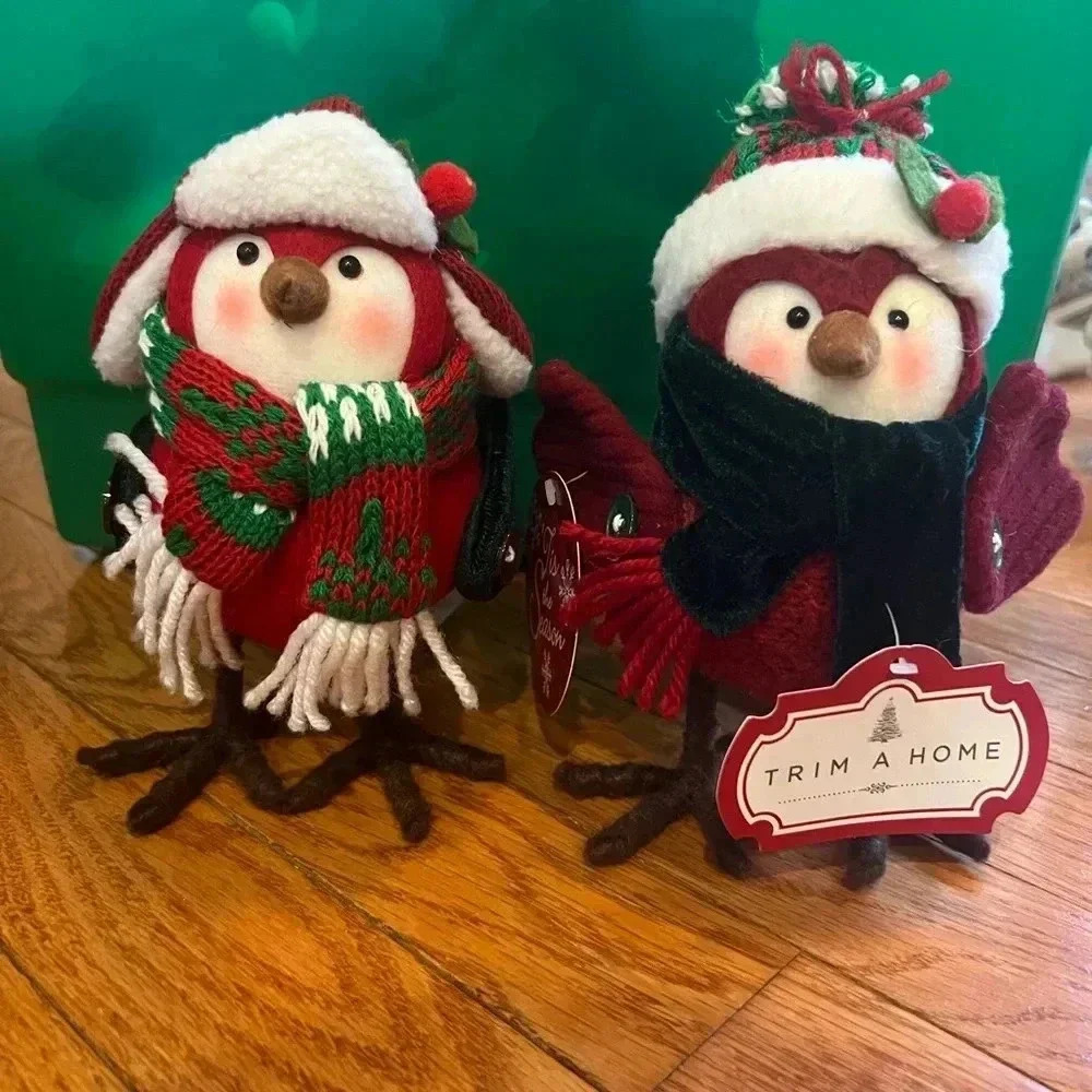 Set of 2 Kmart trim a home Christmas fabric birds holiday decor red hat scarves